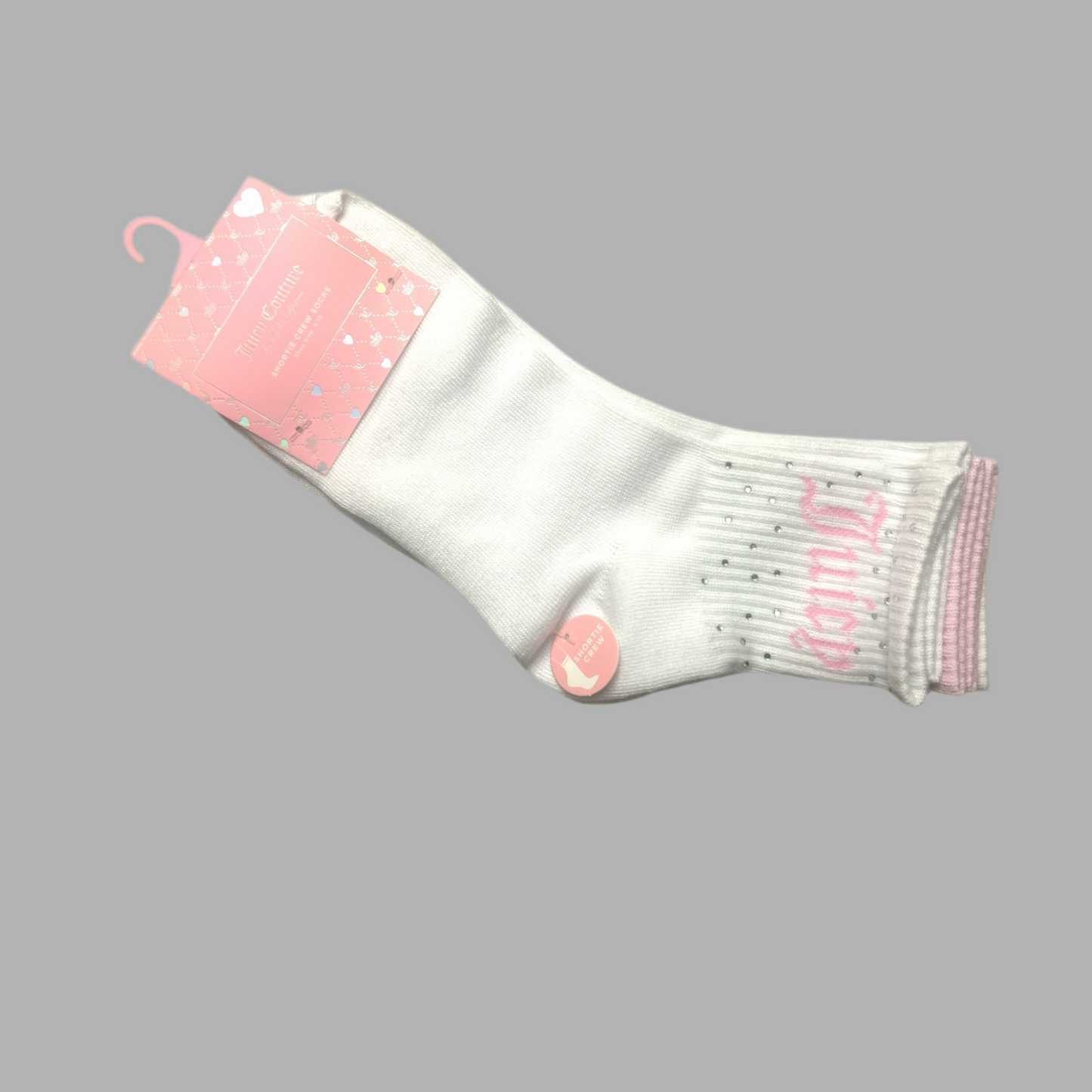 Juicy Couture White-Pink Crystal Accent Logo Name Size 4-10 Crew Socks-5 Pk