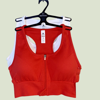 90 Degree By Reflex High Perform. RED/WHITE Full Sup.-Sport  Bra Set-Two Size. M