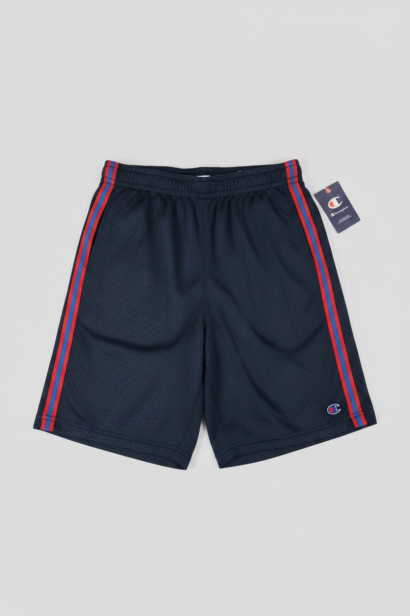 Champion Authentic Athleticwear Mesh Shorts - Blue with CHAMPION on Sides and Red-Blue-Red Ribbon