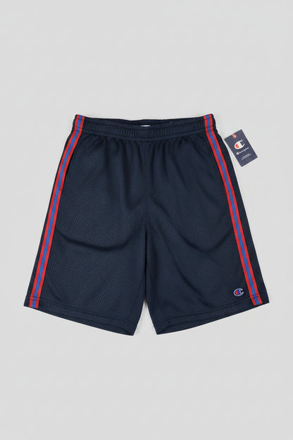 Champion Authentic Athleticwear Mesh Shorts - Blue with CHAMPION on Sides and Red-Blue-Red Ribbon