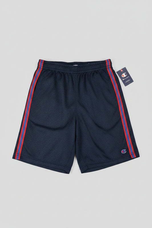 Champion Authentic Athleticwear Mesh Shorts - Blue with CHAMPION on Sides and Red-Blue-Red Ribbon