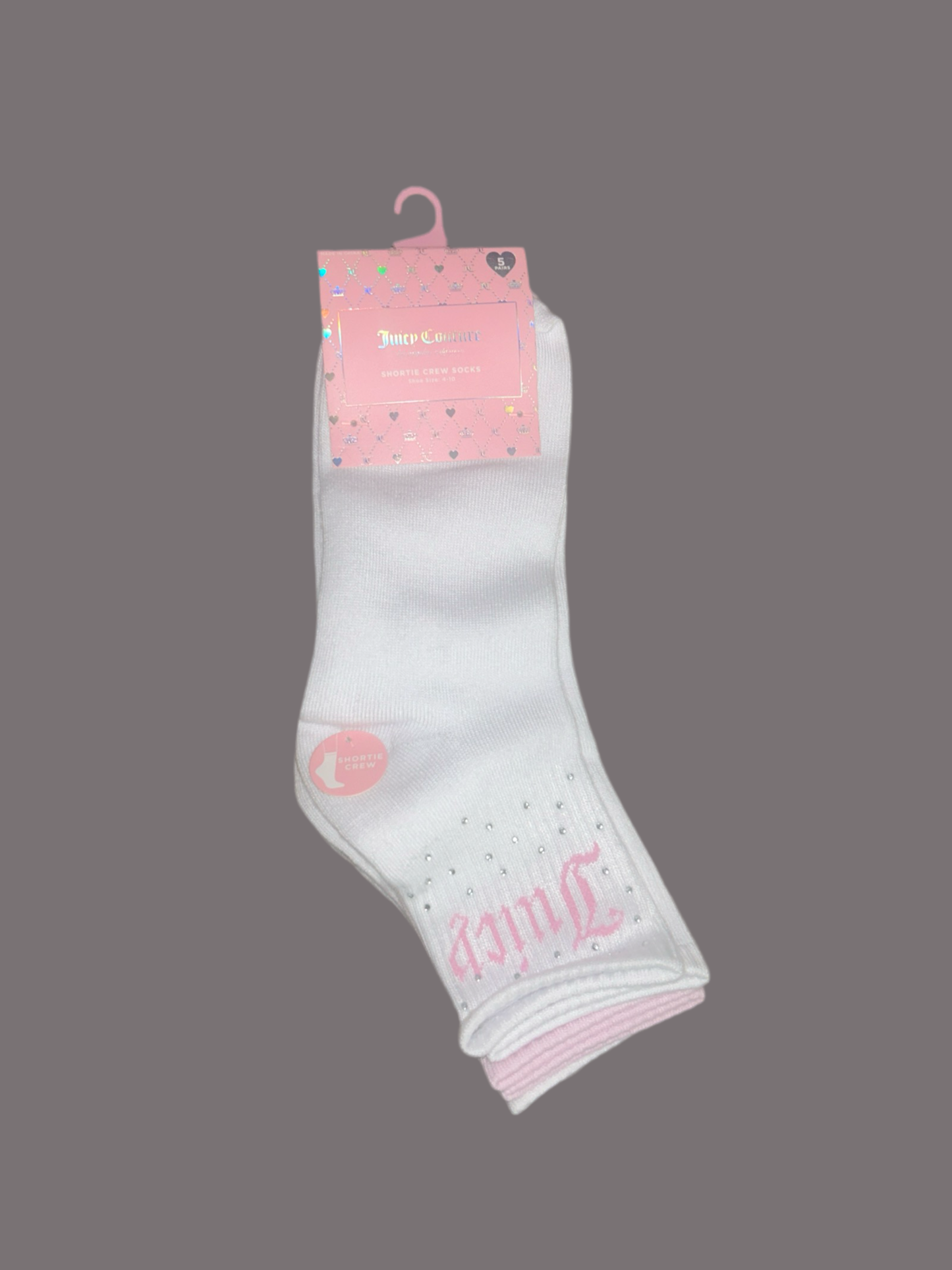 Juicy Couture White-Pink Crystal Accent Logo Name Size 4-10 Crew Socks-5 Pk