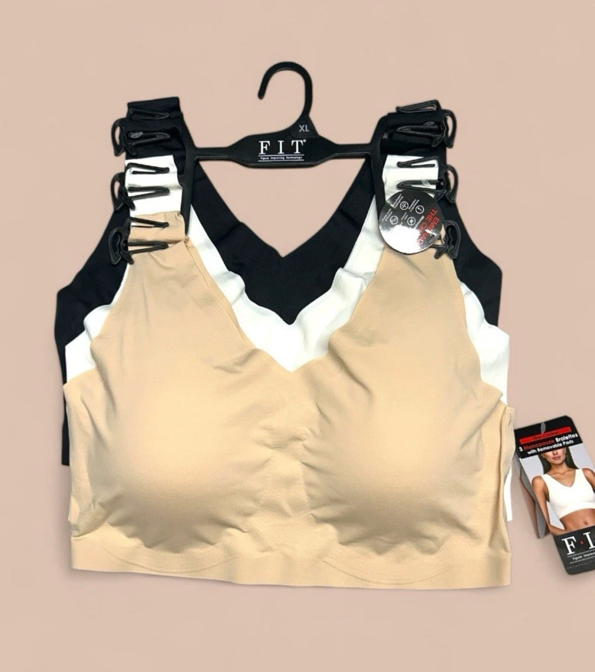 F.I.T.  3-Pack Comfort Bralettes Laser Cut Multicolor - Size XL B29690H3