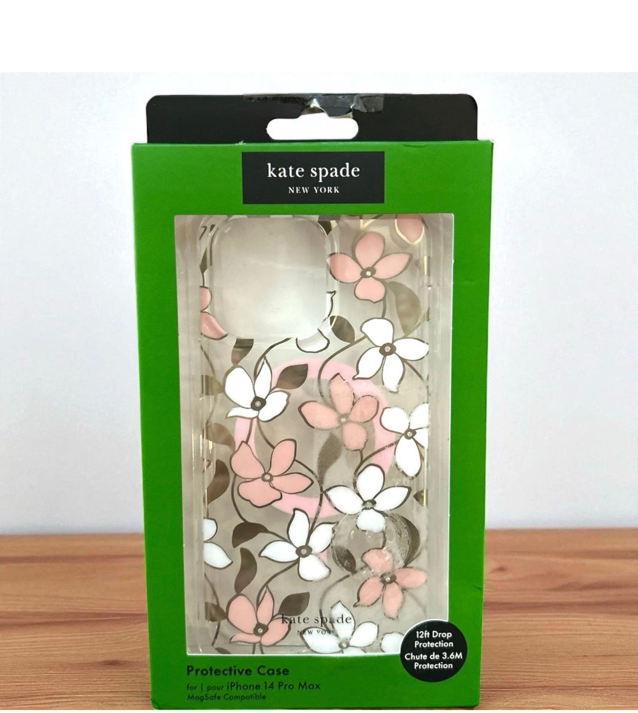 Kate Spade New York iPhone 14 Pro Max Case - White & Pink Flowers with Rhinestones - MagSafe Compatible