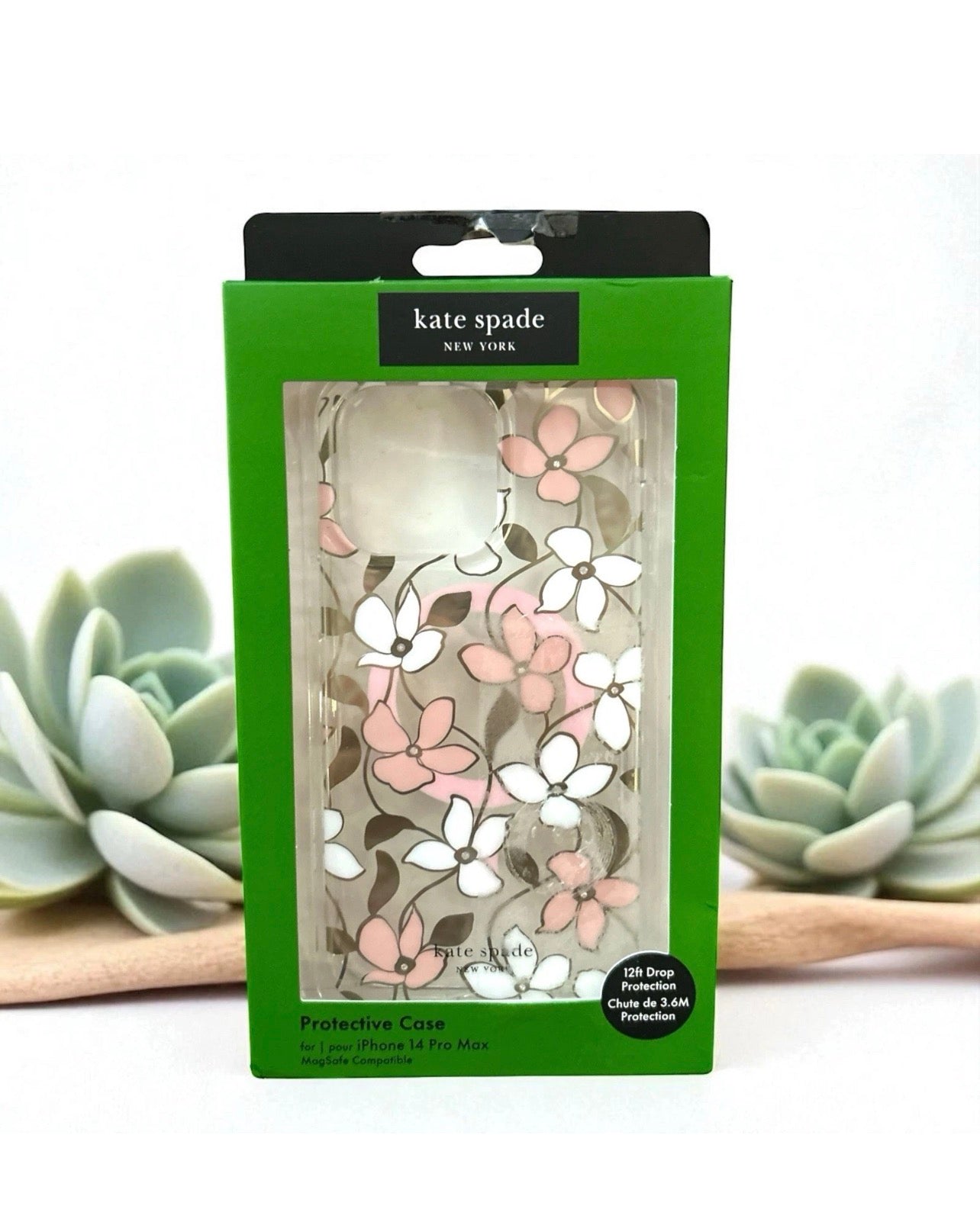 Kate Spade New York iPhone 14 Pro Max Case - White & Pink Flowers with Rhinestones - MagSafe Compatible