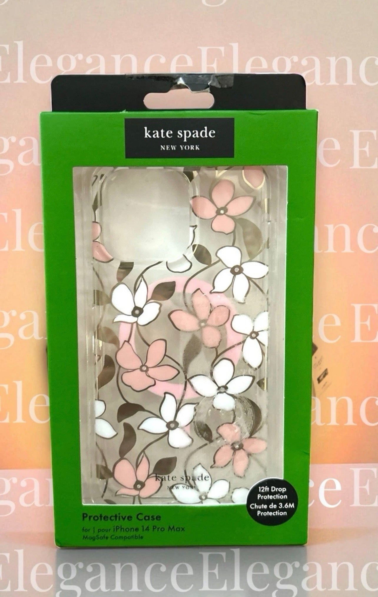 Kate Spade New York iPhone 14 Pro Max Case - White & Pink Flowers with Rhinestones - MagSafe Compatible