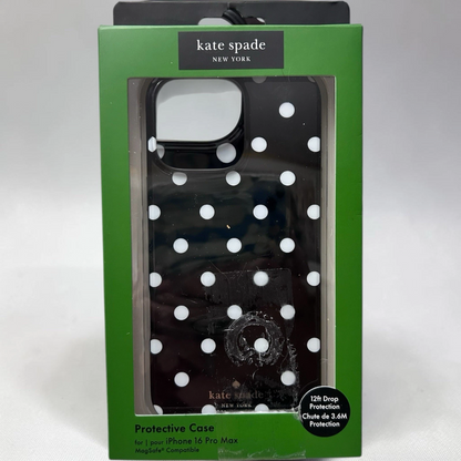 Green packaging of a phone case with black polka dots on a white background