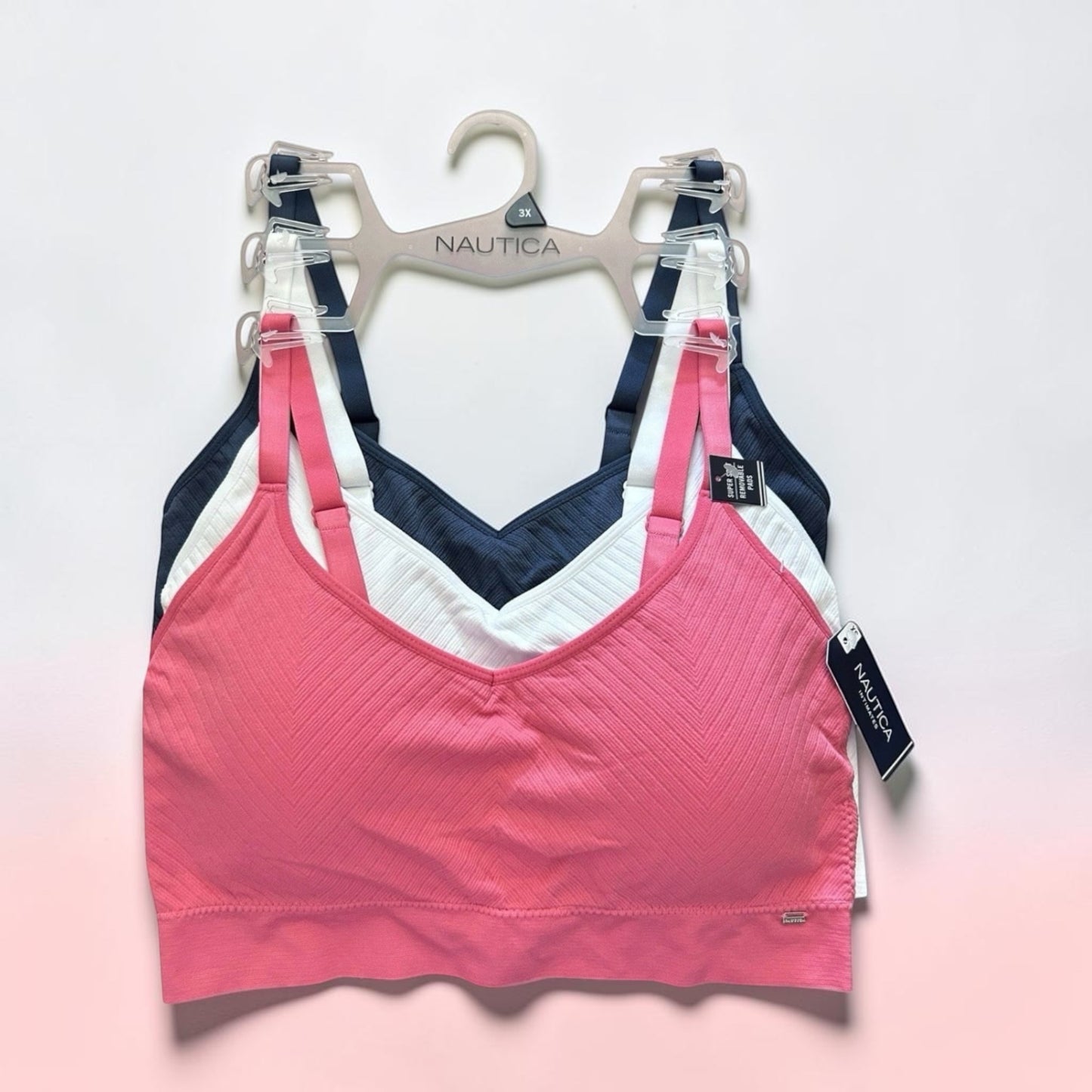 Nautica Intimates Pull-On Bra with Removable Cups – 3-Pack (Coral, White & Blue)