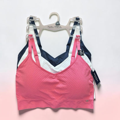 Nautica Intimates Pull-On Bra with Removable Cups – 3-Pack (Coral, White & Blue)
