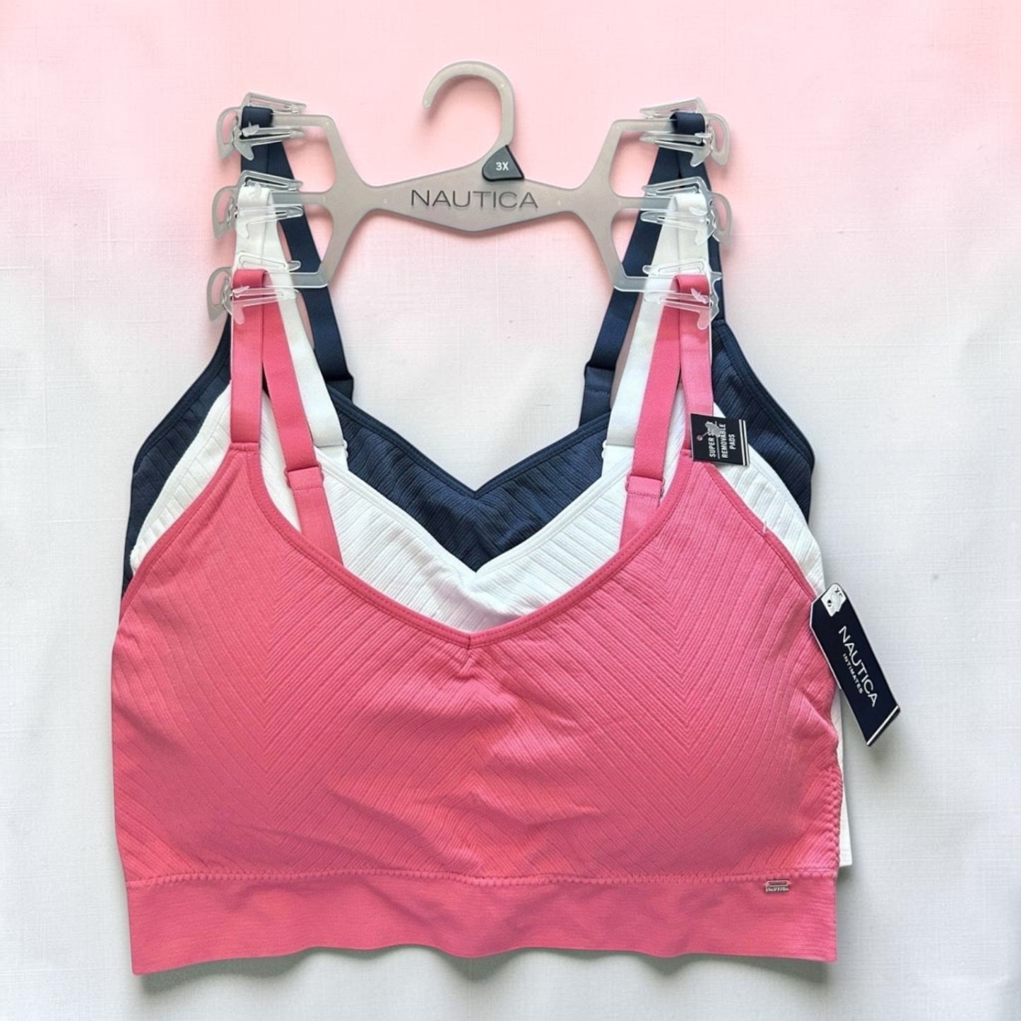 Nautica Intimates Pull-On Bra with Removable Cups – 3-Pack (Coral, White & Blue)