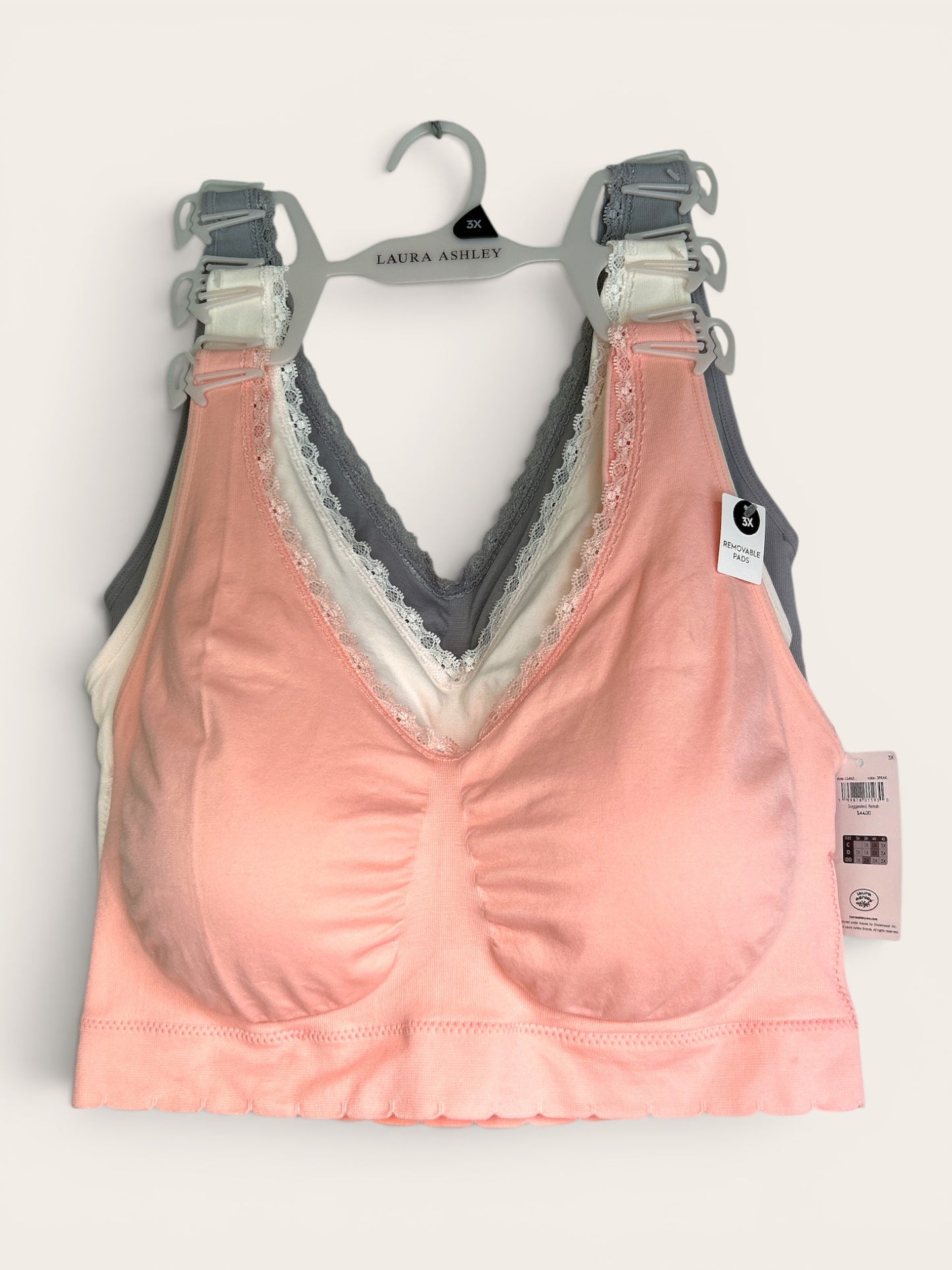 Laura Ashley Pull-On Bra with Lace Detail – Size 3X (Salmon, Cream & Light Gray)