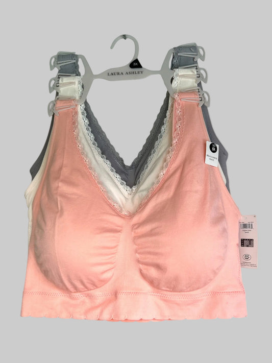 Laura Ashley Pull-On Bra with Lace Detail – Size 3X (Salmon, Cream & Light Gray)