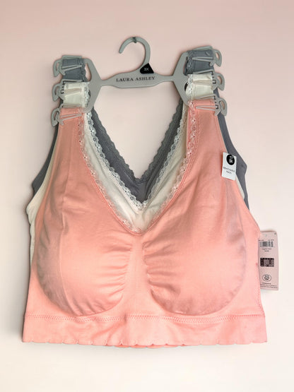 Laura Ashley Pull-On Bra with Lace Detail – Size 3X (Salmon, Cream & Light Gray)