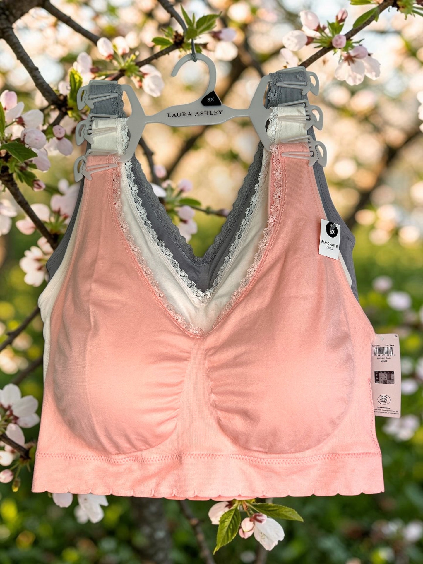 Laura Ashley Pull-On Bra with Lace Detail – Size 3X (Salmon, Cream & Light Gray)