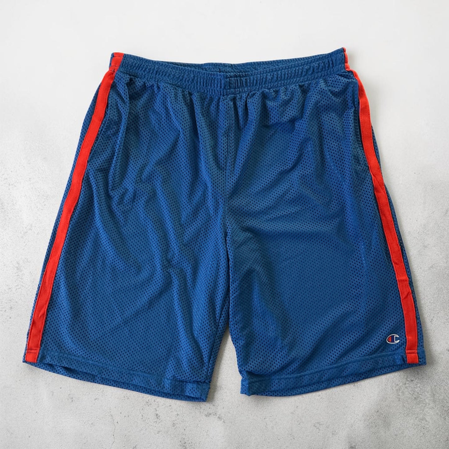 Champion Authentic Athleticwear Mesh Shorts - Light Blue with Solid Red Ribbon and C Champion Logo on Leg