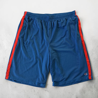 Champion Authentic Athleticwear Mesh Shorts - Light Blue with Solid Red Ribbon and C Champion Logo on Leg