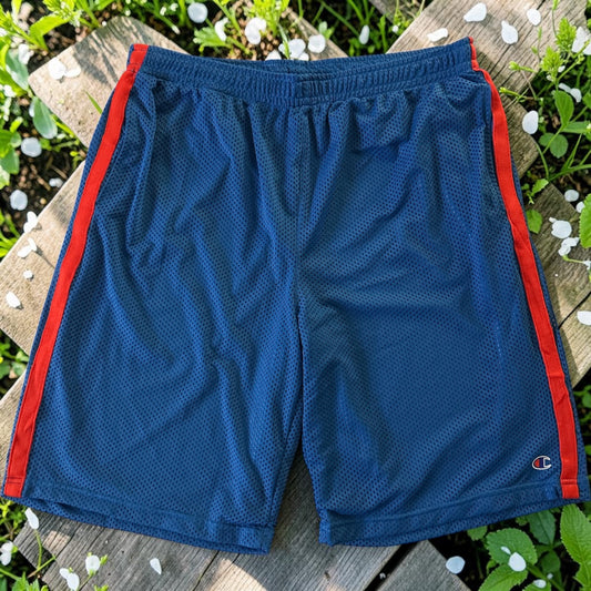 Champion Authentic Athleticwear Mesh Shorts - Light Blue with Solid Red Ribbon and C Champion Logo on Leg