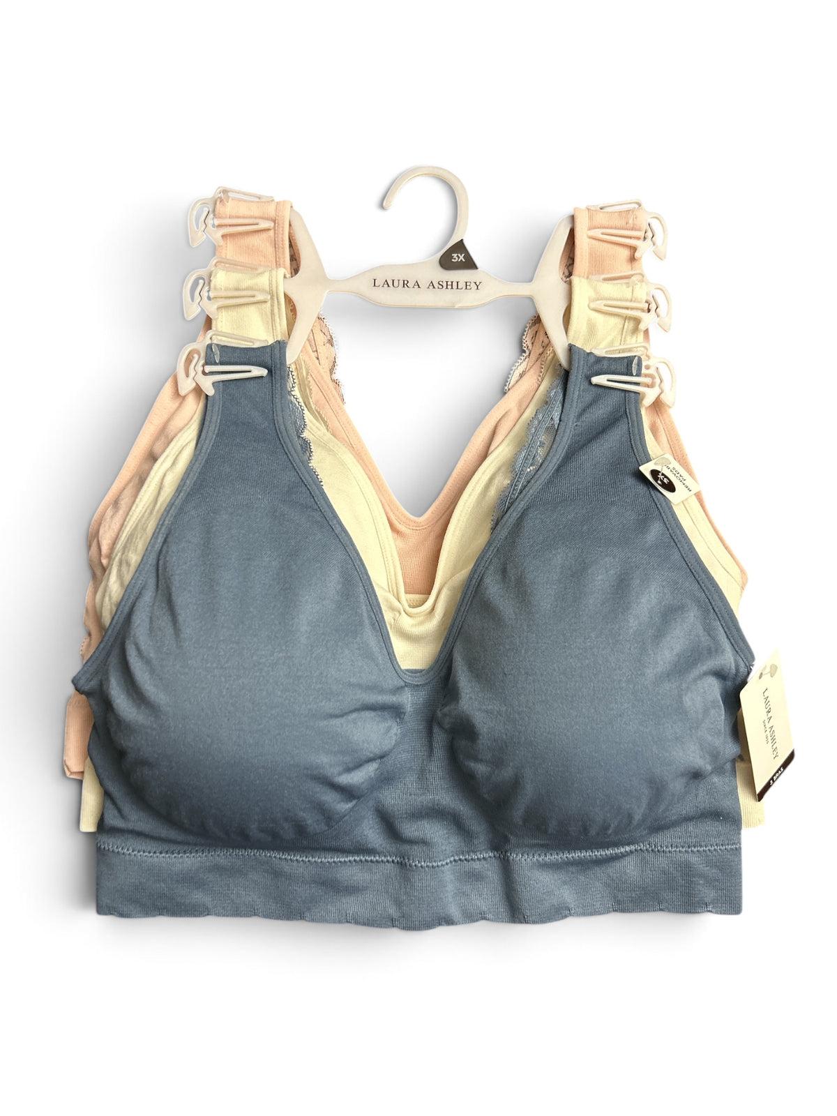 Laura Ashley Pull-On Bra with Lace Detail 3-Pack – Size 3X (Salmon, Cream, Steel Blue)