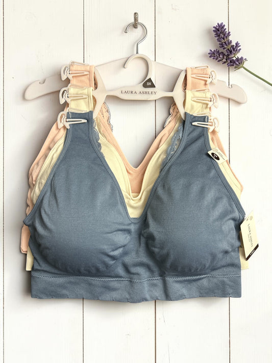 Laura Ashley Pull-On Bra with Lace Detail 3-Pack – Size 3X (Salmon, Cream, Steel Blue)