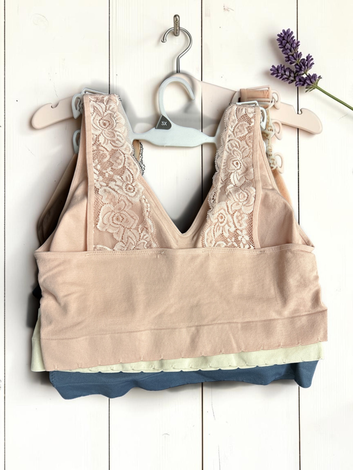 Laura Ashley Pull-On Bra with Lace Detail 3-Pack – Size 3X (Salmon, Cream, Steel Blue)