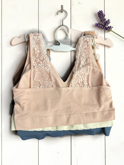 Laura Ashley Pull-On Bra with Lace Detail 3-Pack – Size 3X (Salmon, Cream, Steel Blue)