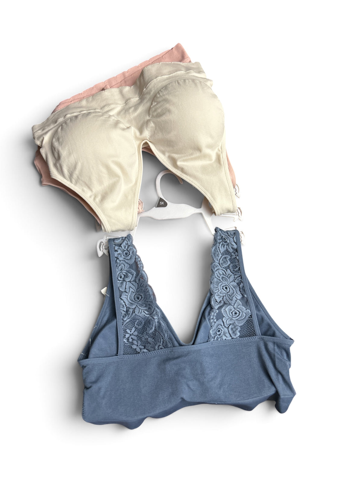 Laura Ashley Pull-On Bra with Lace Detail 3-Pack – Size 3X (Salmon, Cream, Steel Blue)