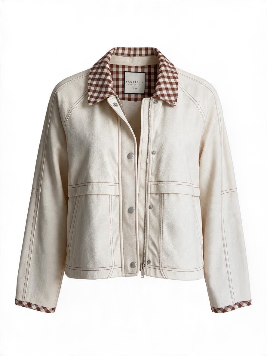 Bagatelle Collection Womens XL Cream Barn Chore Jacket Brown Gingham Trim NWT