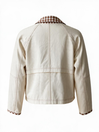 Bagatelle Collection Womens XL Cream Barn Chore Jacket Brown Gingham Trim NWT