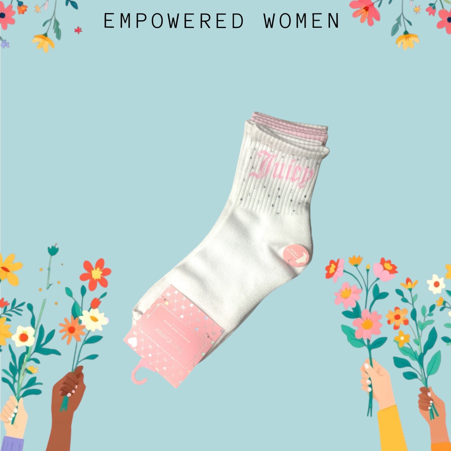Juicy Couture White-Pink Crystal Accent Logo Name Size 4-10 Crew Socks-5 Pk