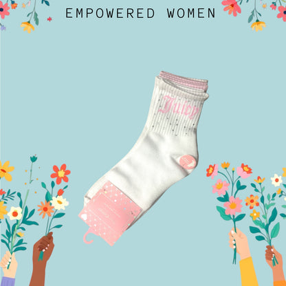 Juicy Couture White-Pink Crystal Accent Logo Name Size 4-10 Crew Socks-5 Pk