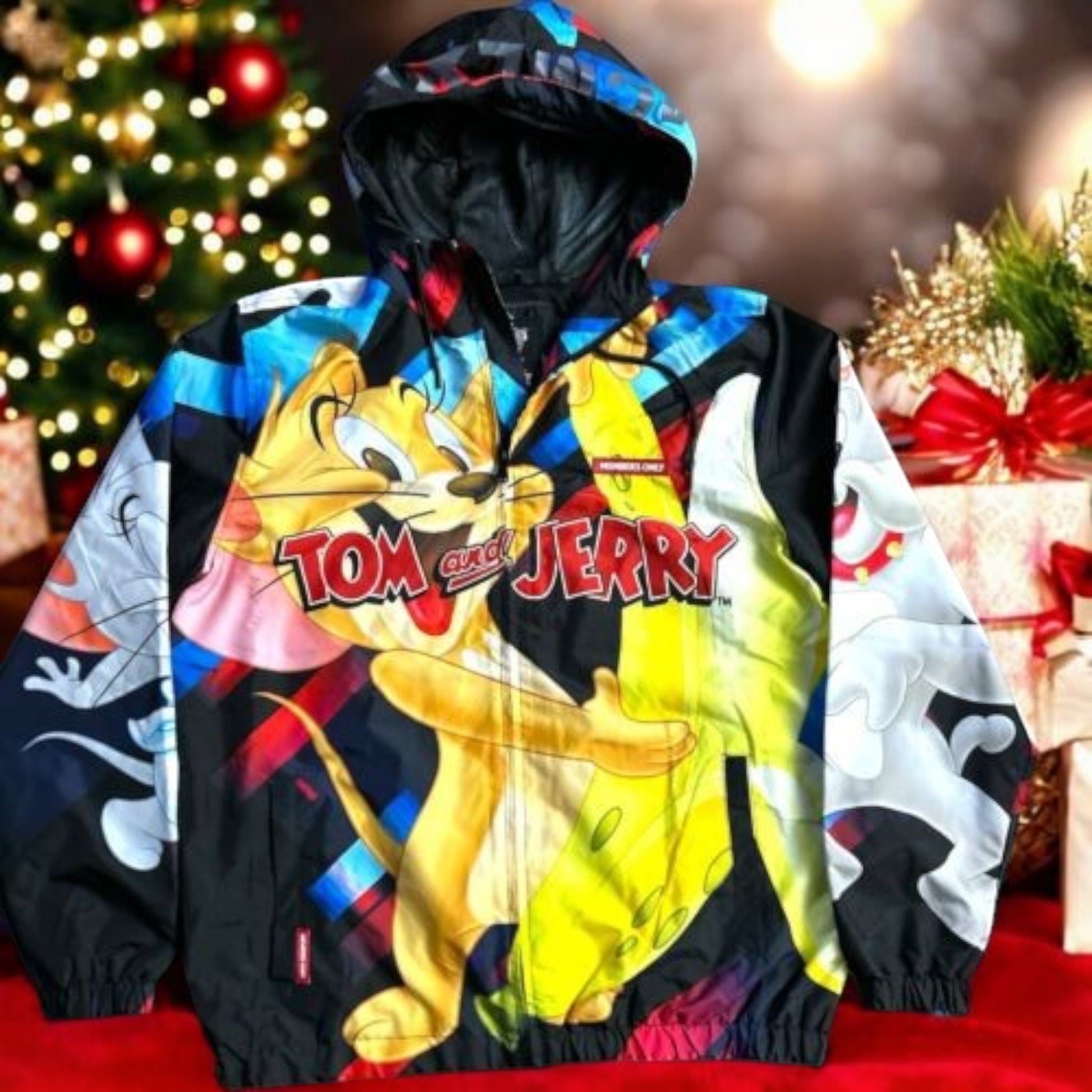 Pili&Pete Members Only Tom & Jerry limited edition black nylon windbreaker jacket with full print.