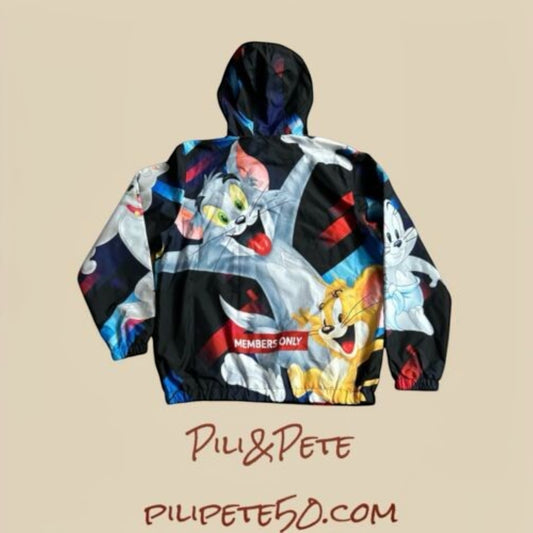 Members Only Tom & Jerry limited edition black nylon windbreaker jacket with colorful print. Regular size for men.