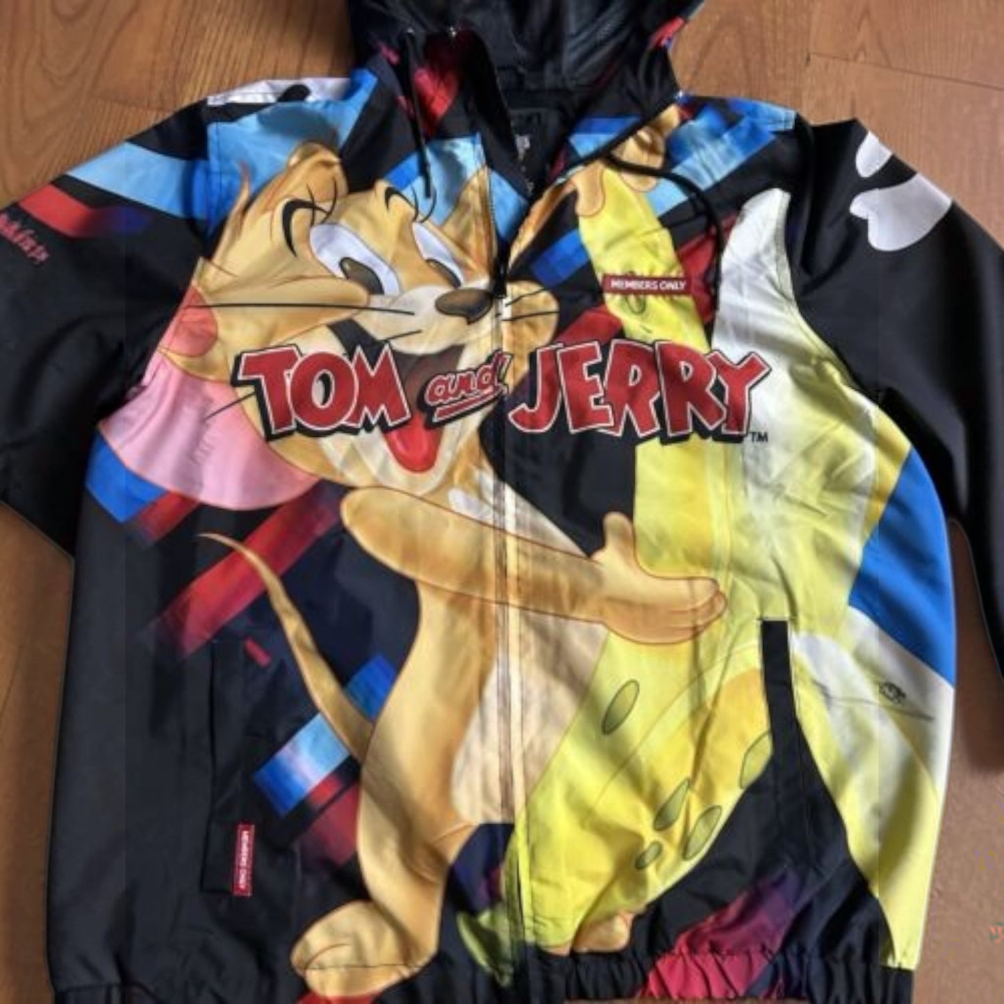 Pili&Pete Members Only Tom & Jerry limited edition black nylon windbreaker jacket with full print.