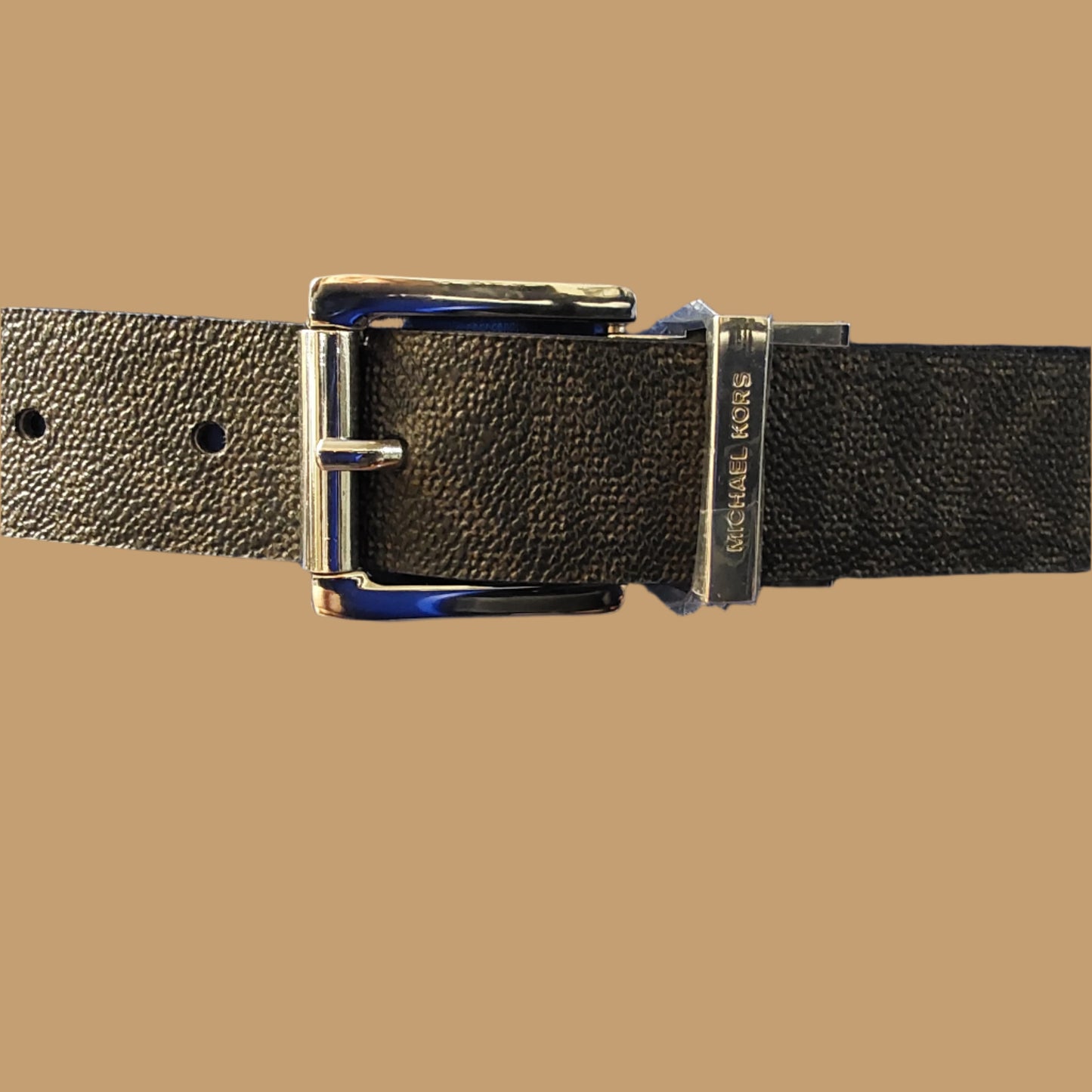 MICHAEL KORS BELT REVERSIBLE BLACK LARGE LOGO TO SOLID BLACK SILVER BUCKLE